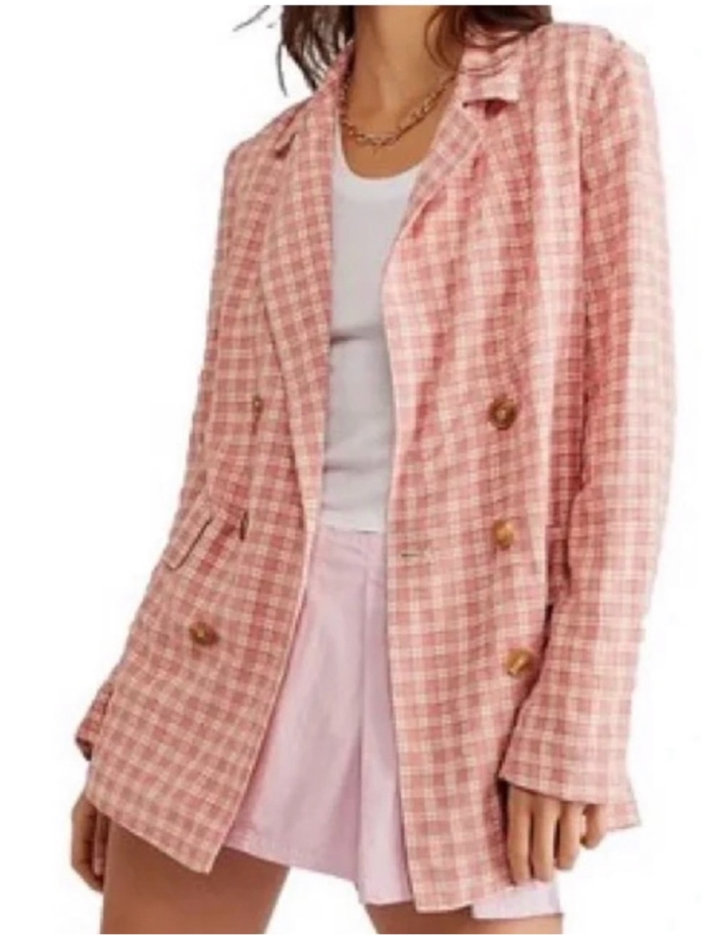 Free People Pink Plaid Double-Breasted Blazer